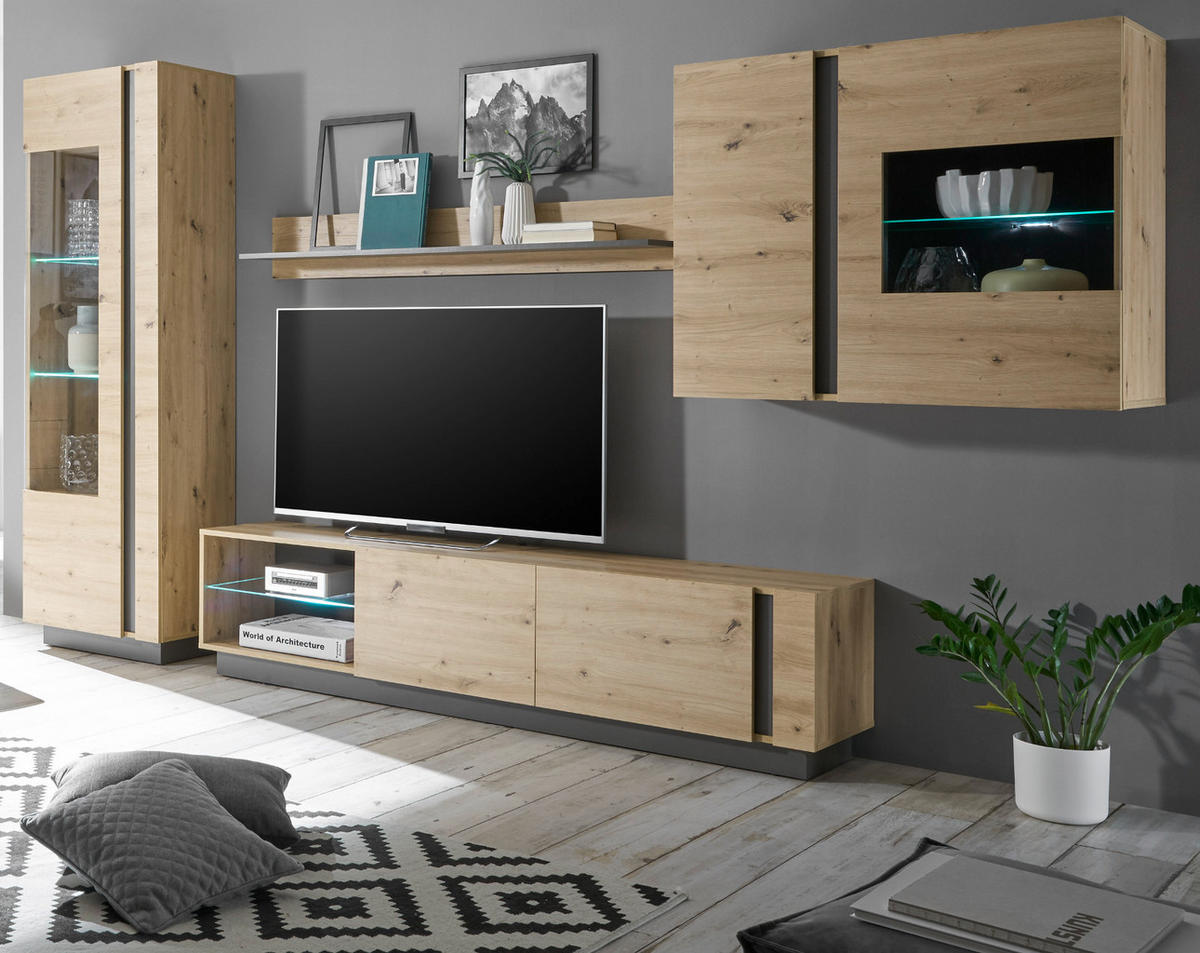 WOHNWAND Eiche Artisan, Graphit grau 4-teilig 315 cm, Schrankwand mit Soft-Close - Eiche Artisan/Grau, Glas/Holz (315/194/40cm) - Furn.Design