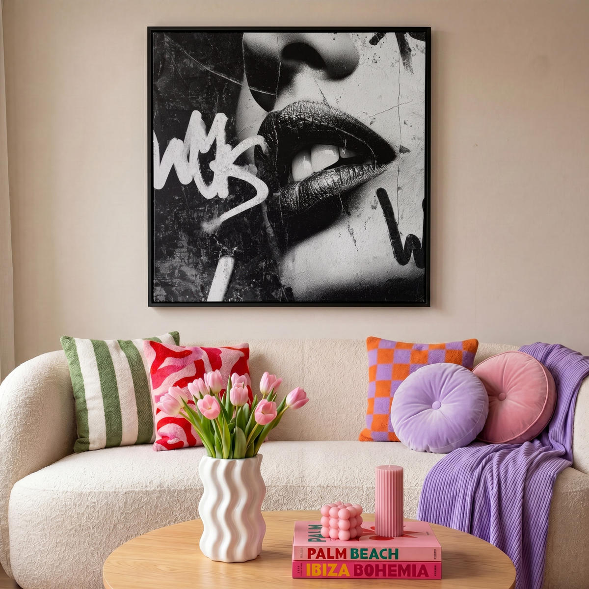 LEINWAND Bilder mit Rahmen - Gesicht - Mund - Graffiti - Schwarz - 90x90 - Schwarz, Textil (90/90cm) - MuchoWow