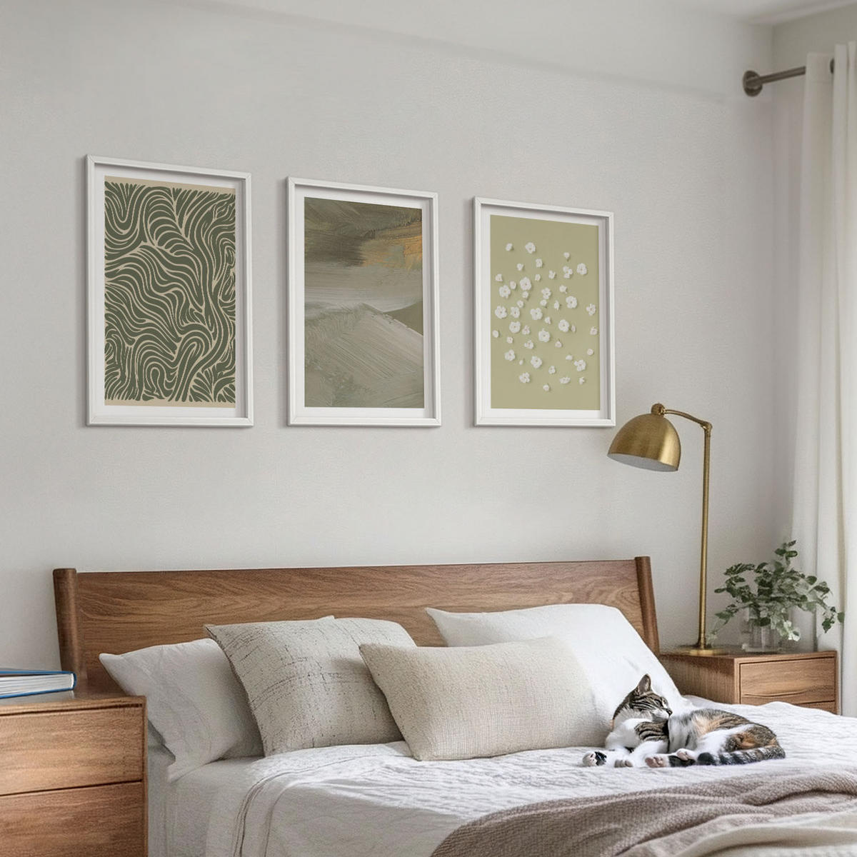 BILDER SET 3er Set - 40x60 cm Weißer Rahmen - Abstrakte florale Wellenmuster - Weiß, Kunststoff (40/60cm) - TULUP
