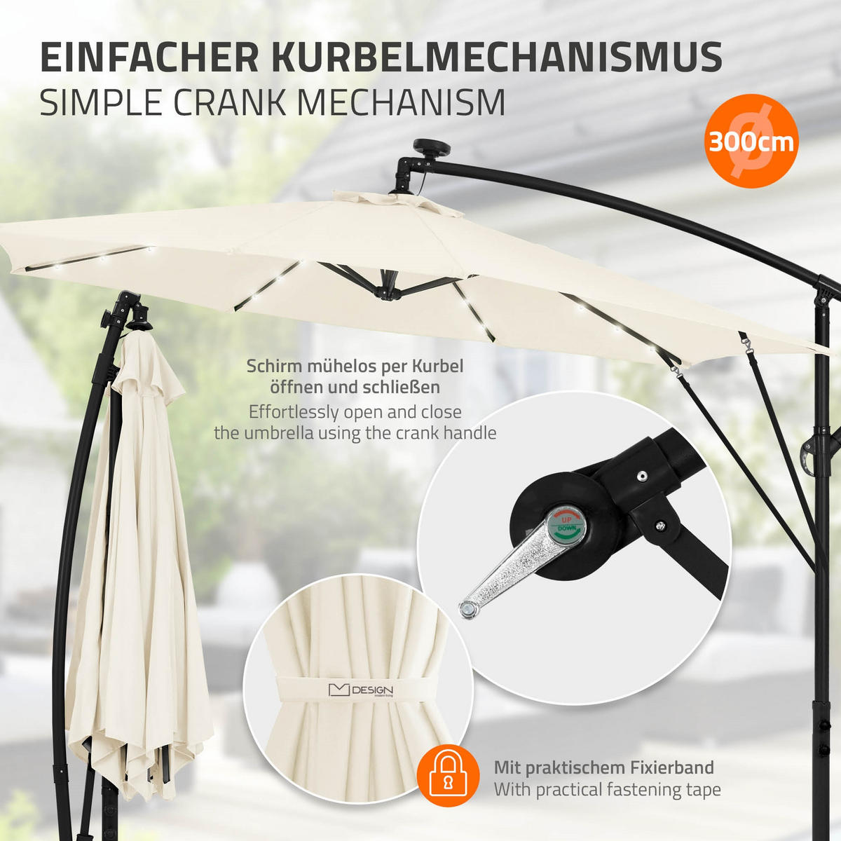 AMPELSCHIRM Ø 300 cm in Beige aus Aluminium mit LED-Solar - Beige, Metall (300/300cm) - ML-DESIGN