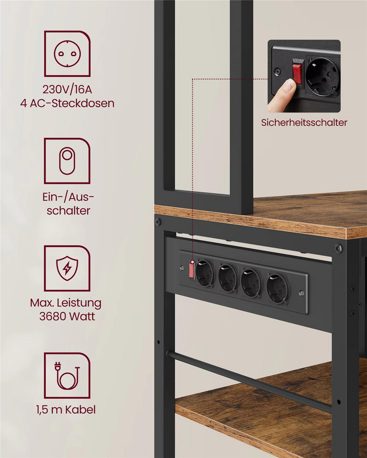 KÜCHENREGAL Steckdose verstellbar Standregal Küche - Braun, Metall (80/180/40cm) - Kaket