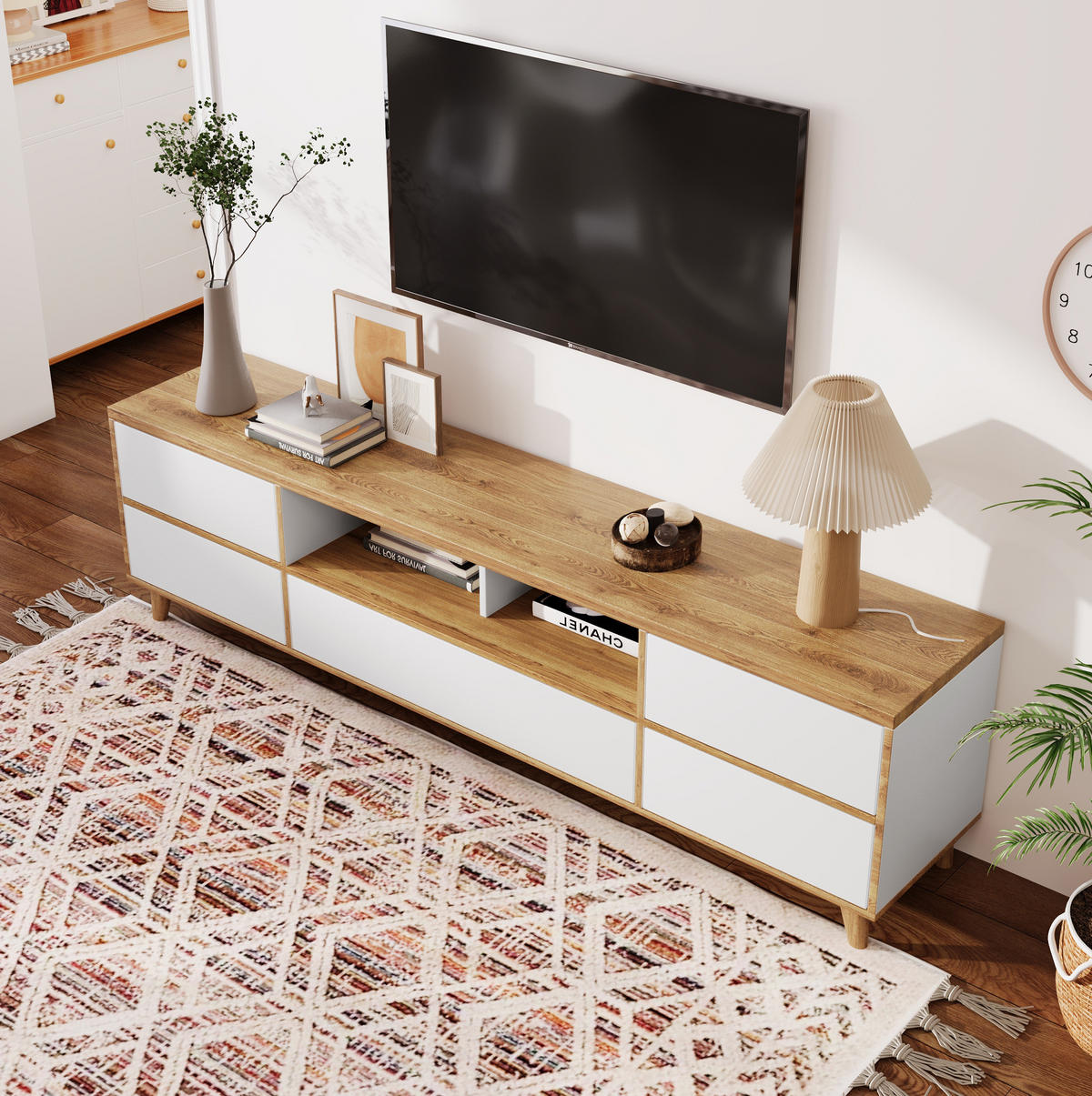 TV-LOWBOARD in Weiß und Holzoptik mit Türen und Fächern 175/37/51 cm - Weiß, Holzwerkstoff (175/51/37cm) - Redom