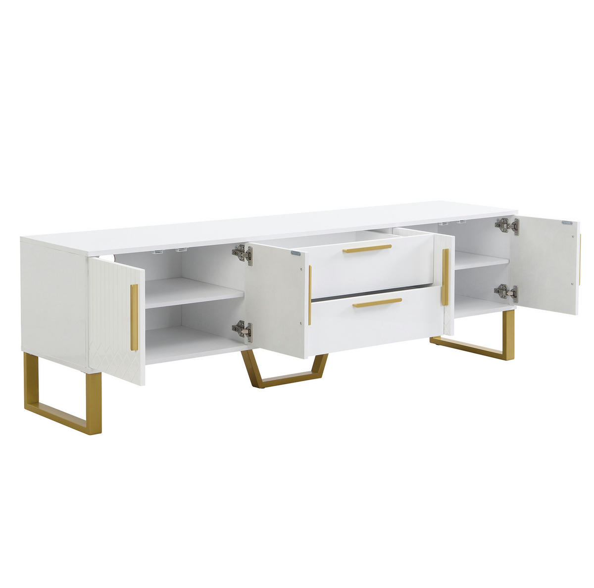 TV-SCHRANK 170/40/53,5 cm weiß MDF mit goldenen Griffen und Füßen, 4 Türen mit Schnitzereien - Weiß, Holzwerkstoff (170/53.5/40cm) - OKWISH