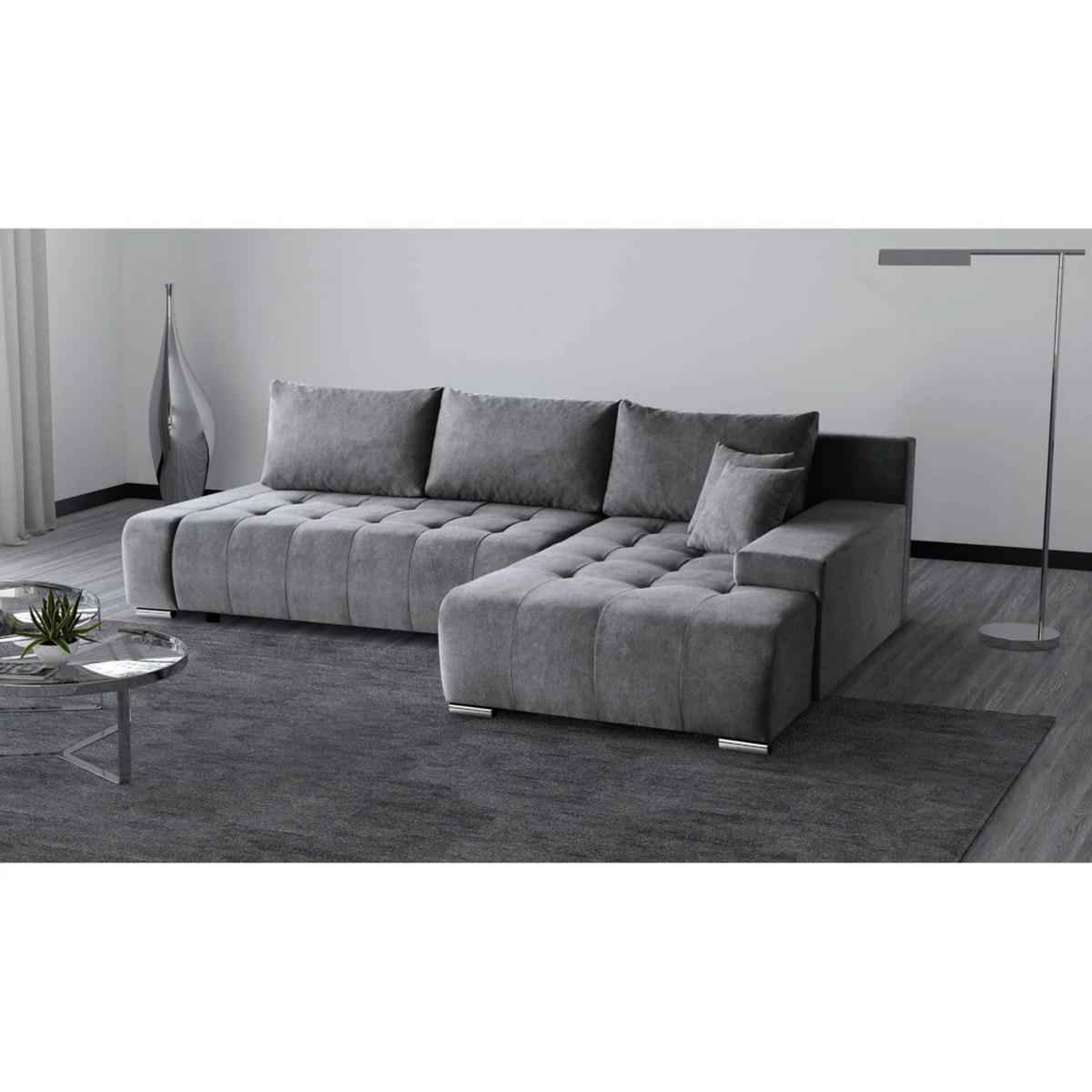 ECKSCHLAFSOFA Draco L Dunkelgrau - Dunkelgrau/Silberfarben, Textil/Metall (267/186cm) - Beautysofa
