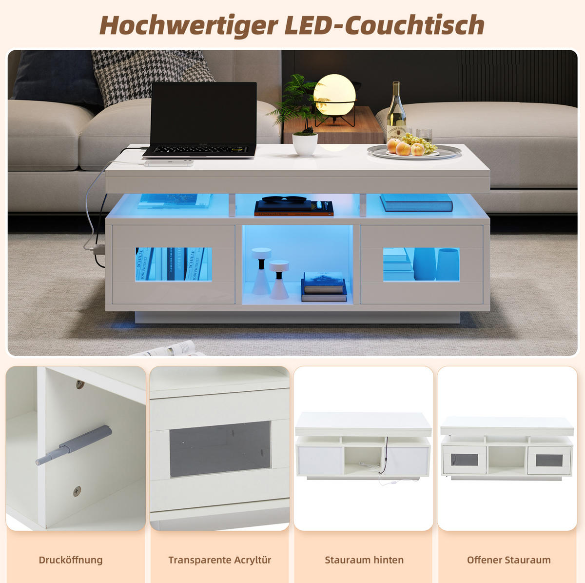COUCHTISCH aus Spanplatte 100x50x43 cm in Weiß mit LED-Beleuchtung & Steckdose - Weiß, Holzwerkstoff (100/50/43cm) - Modfu