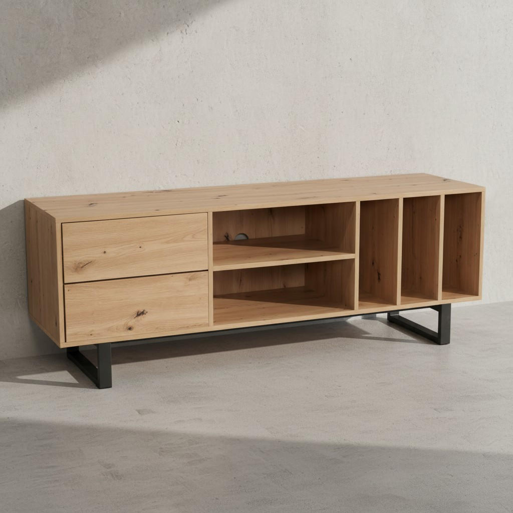 TV-LOWBOARD mit Eiche-Dekor, Schubladen und offenes Regal, modern, Braun 150x40x55 cm - Schwarz/Braun, Holzwerkstoff/Metall (150/55/40cm) - KADIMA DESIGN