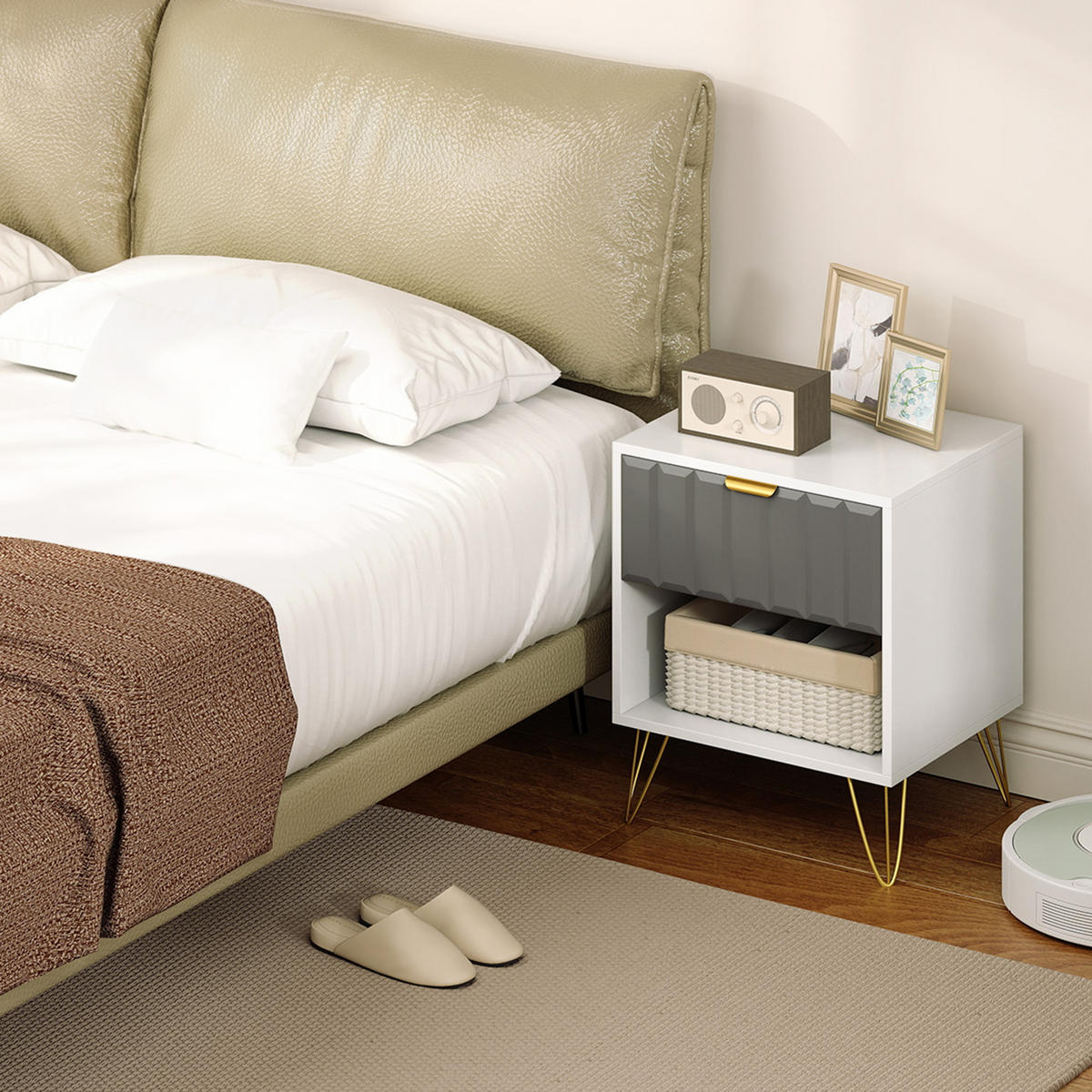 NACHTSCHRANK DE-12912 Schublade und offenes Fach, Stahlfüße Weiß - Weiß, Holzwerkstoff (40/55/45cm) - ComfortXL
