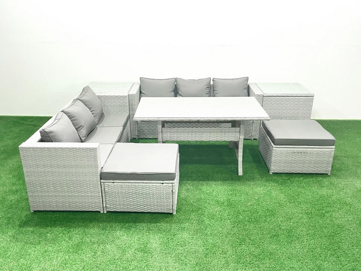 GARTENMÖBEL SET mit Esstisch,2 Großer Hockern,2 Beistelltischen Polyrattan Hellgrau 8-Sitzer - Hellgrau/Grau, Glas/Kunststoff - Fimous