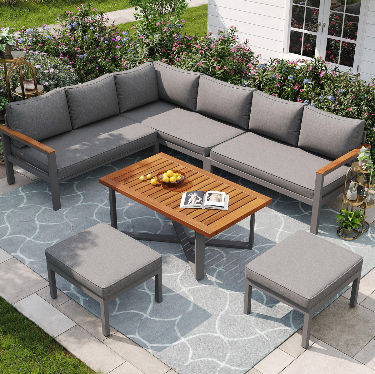 GARTENMÖBEL 100x50cm grau aus Metall und mit Holzplatte - Grau, Metall - Modfu