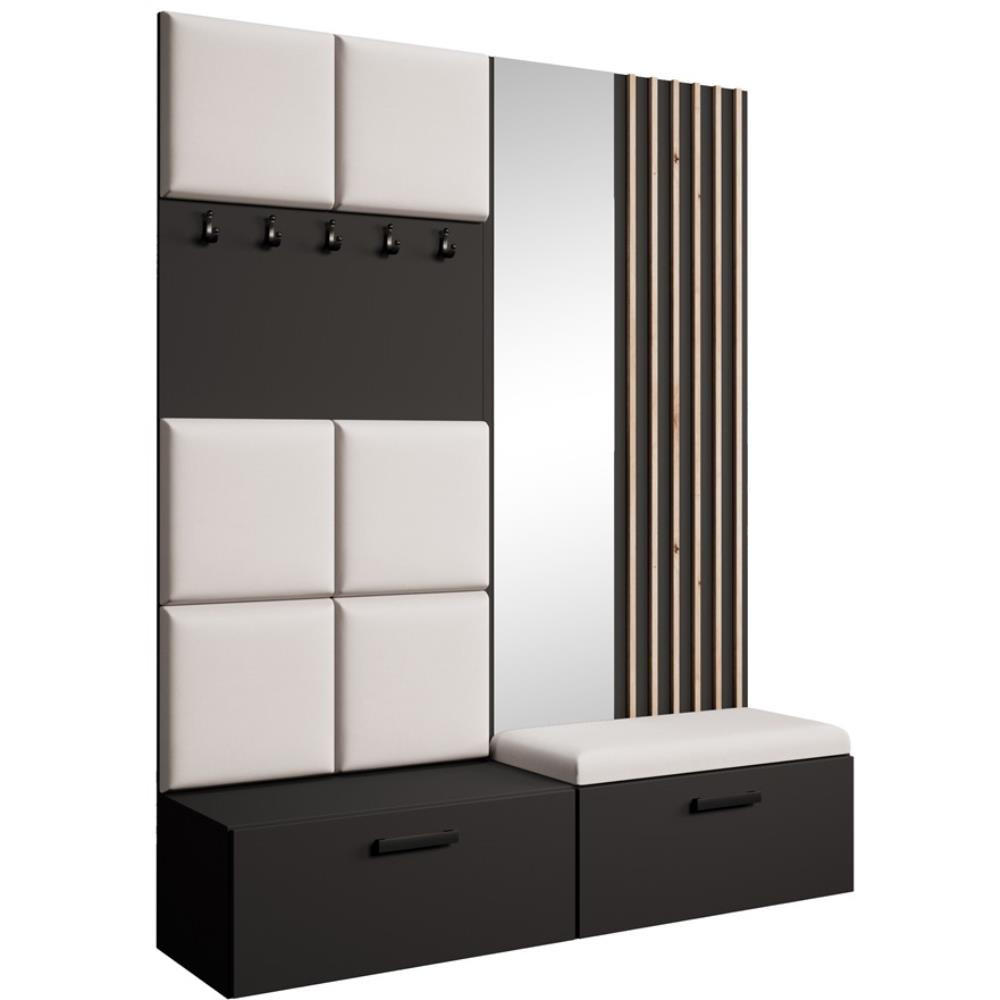 Beautysofa PŘEDSÍŇOVÁ sestava Margaret I+II 162/203/43 s čalouněnými panely / lamelami / zrcadlem, černá|dub artisan