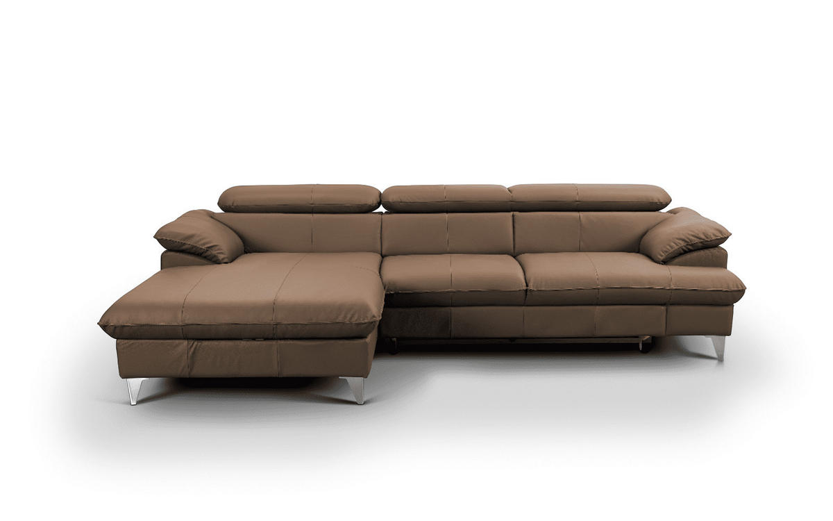 ECKSOFA mit Schlaffunktion und Bettkasten, Echtleder - Chromfarben/Hellbraun, Leder/Holz (254/167cm) - Cotta