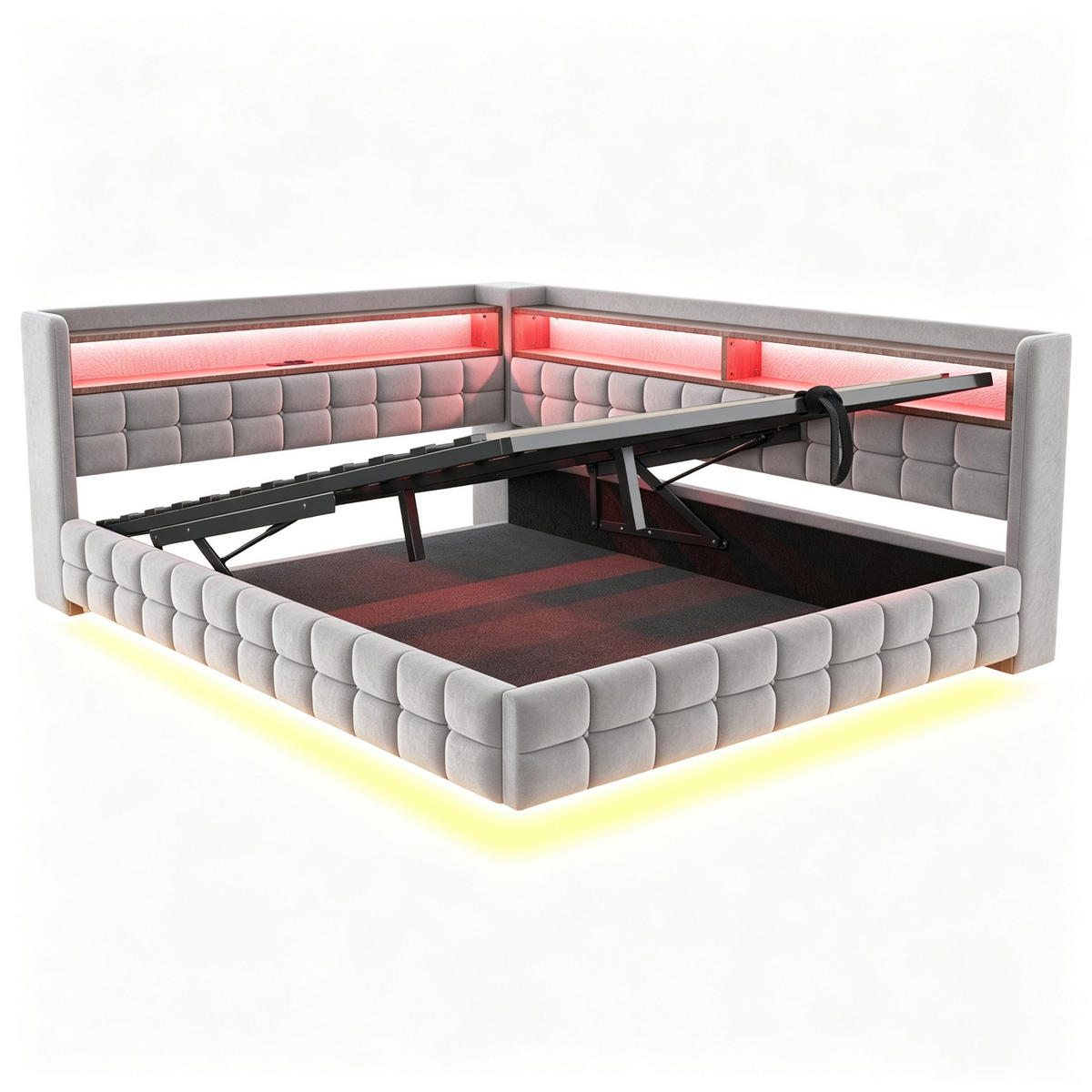 POLSTERBETT Hellgrau 140×200cm mit hydraulischem Stauraum, Holzregal, LED-Lichtleiste und Ladeanschlüssen - Hellgrau, Textil (140/200cm) - Luhomfu