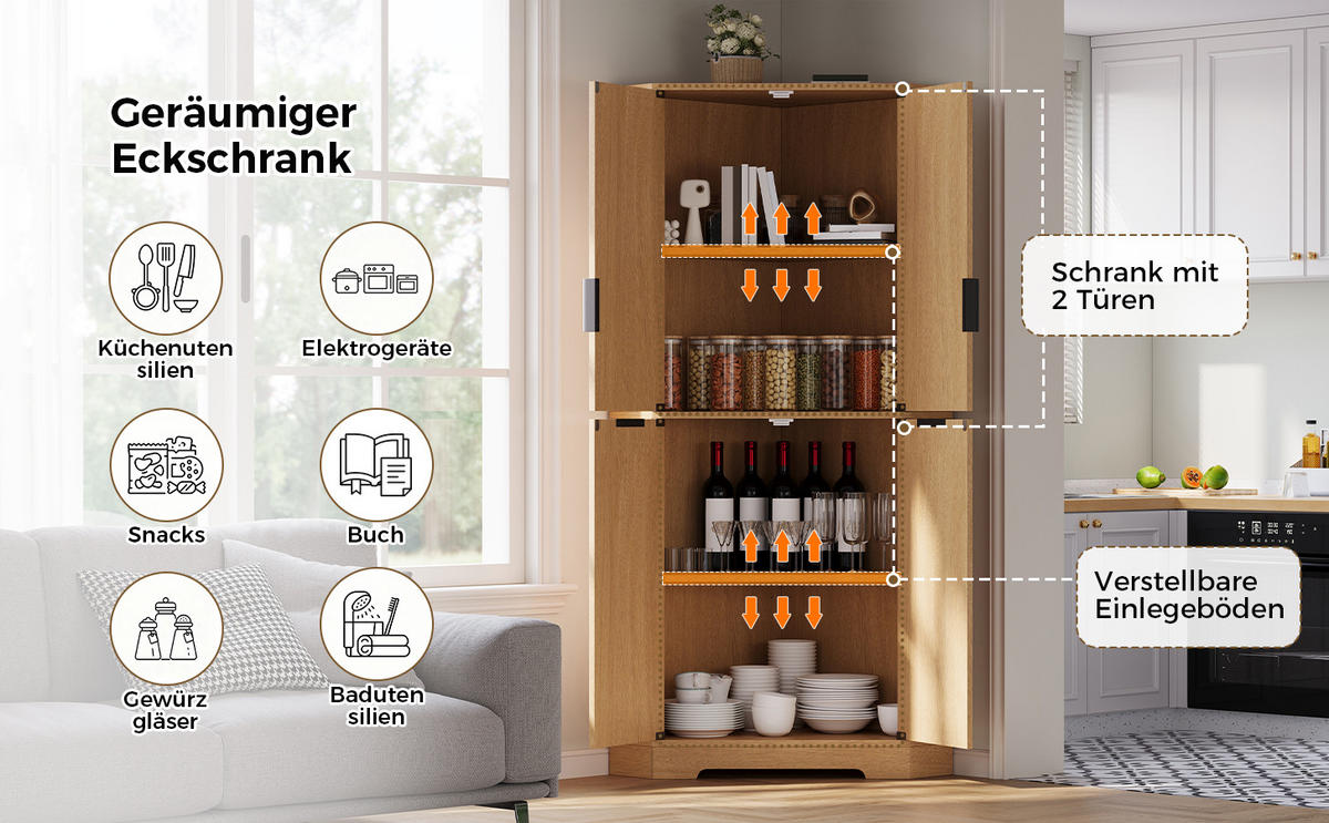 HIGHBOARD DE-38719 60/60/172 cm 4 Türen und verstellbare Böden Natur - Naturfarben, Holzwerkstoff (60/172/60cm) - ComfortXL