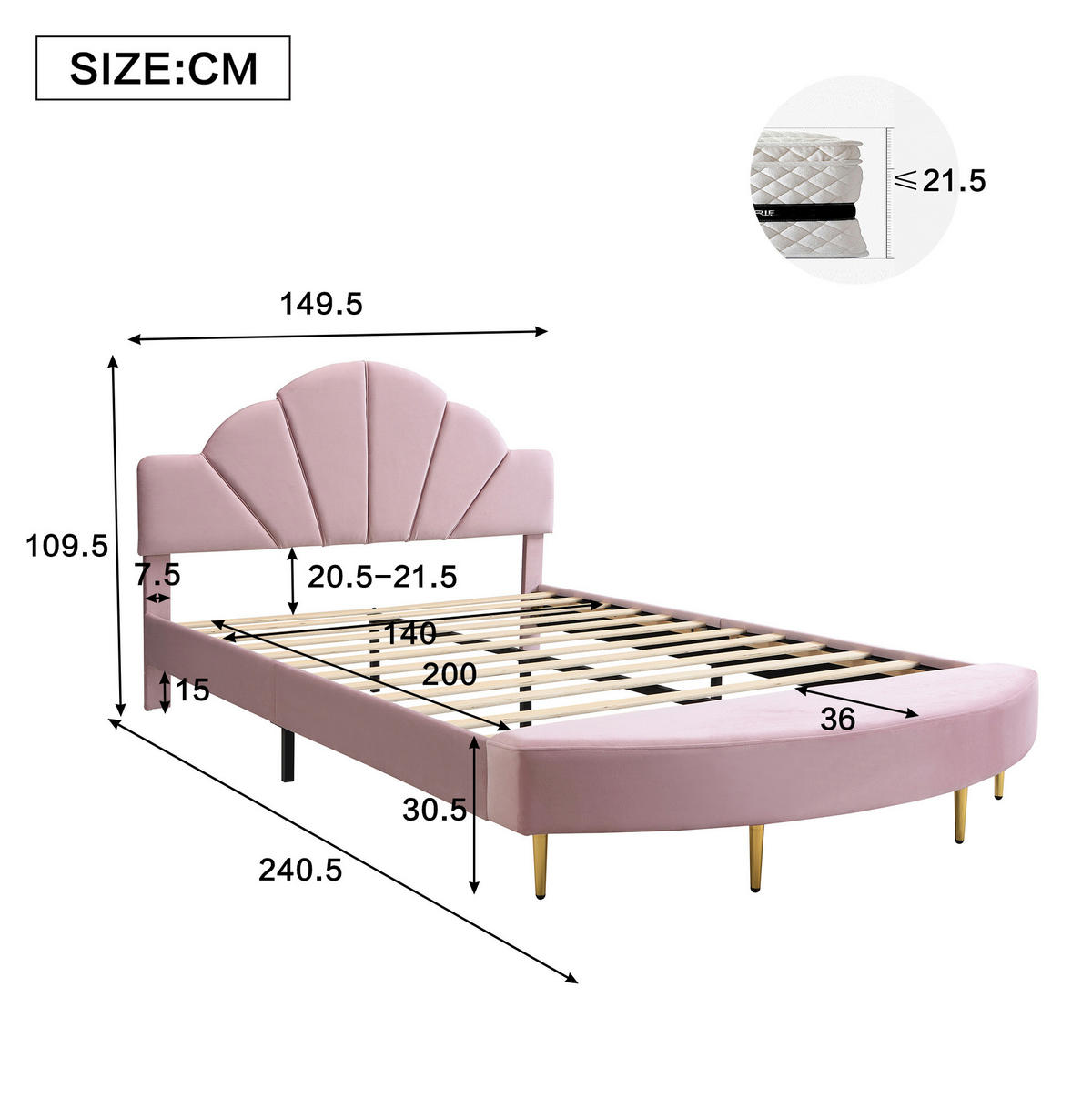 SAMT-POLSTERBETT 140/200 cm in Rosa mit gepolstertem Kopfteil und Bettbank - Rosa, Textil (140/200cm) - BEAOK