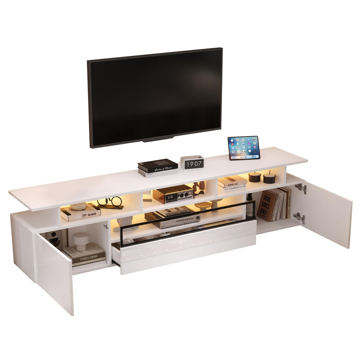 TV-LOWBOARD 180/38/45 cm mit LED-Beleuchtung, 2 Türen, 1 Schublade und Hochglanzfront, Weiß - Weiß, Holzwerkstoff (180/45/38cm) - Redom