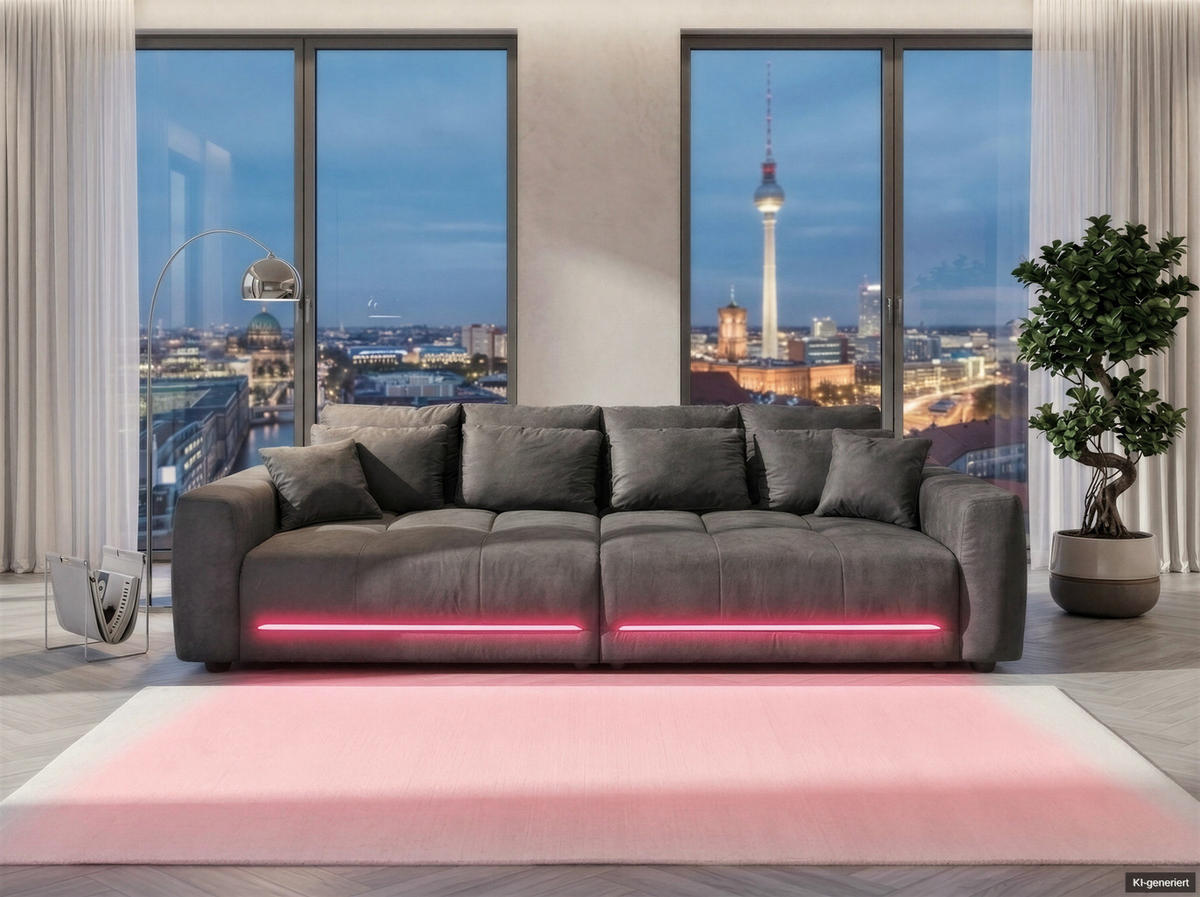 BIG-SOFA Federkern B294/T136/H86 cm, RGB-LED-Beleuchtung mit Fernbedienung, Mikrofaserstoff in Anthrazit / 15415 - Anthrazit/Schwarz, Kunststoff/Textil (294/86/136cm) - luma-home