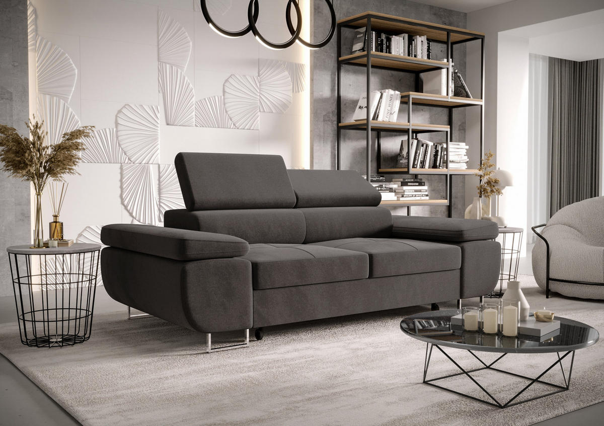 SCHLAFSOFA PRAGA 2, Sofa mit Schlaffunktion, Farbe: Dunkelgrau, Velourstoff - Dunkelgrau, Textil (208/90/100cm) - O-Sofa