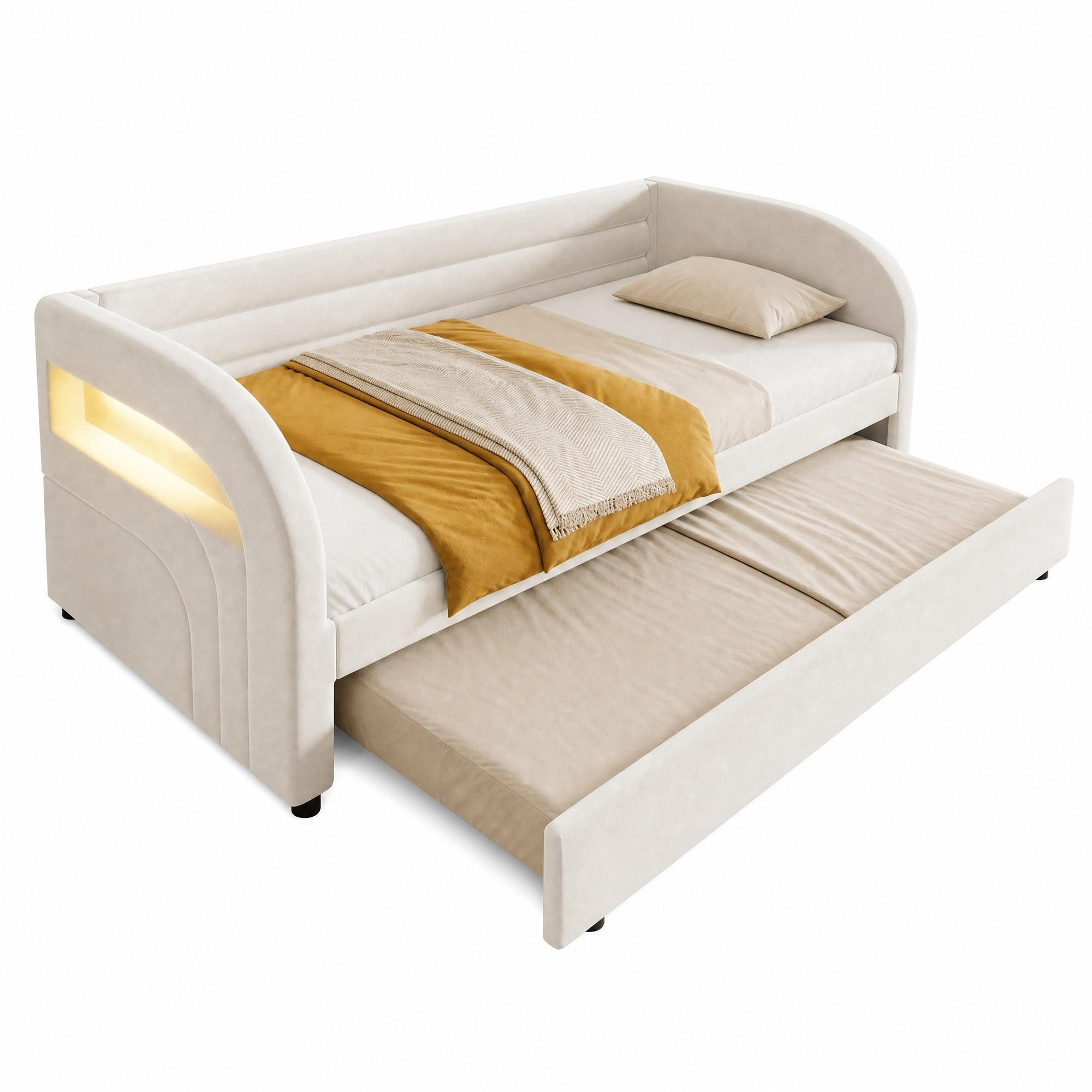 BETT 90/200 cm in Beige mit LED-Beleuchtung und Ausziehfunktion - Beige, Textil (90/200cm) - Flora Grace