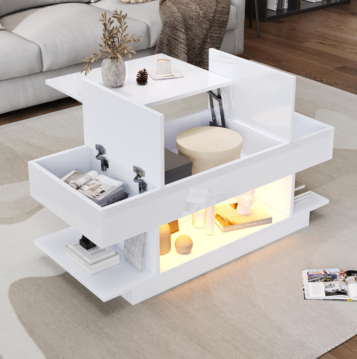 KONFERENČNÍ stolek 98/45/40 cm bílý z dřevotřísky se zvedací deskou a LED - bílá, kompozitní dřevo (98/45/40cm) - OKWISH