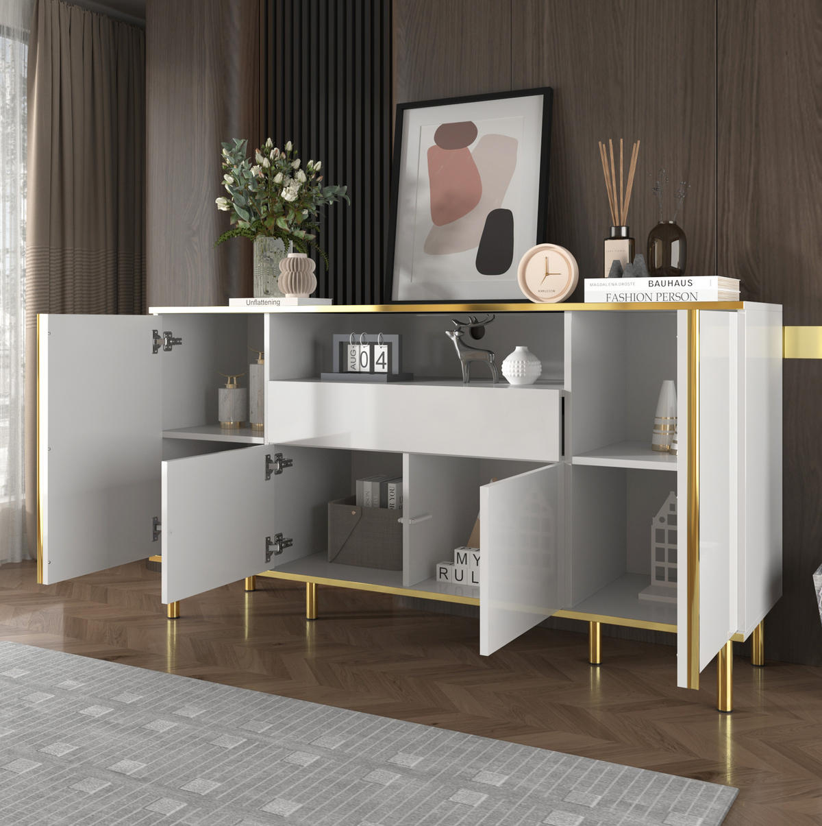 SIDEBOARD aus MDF/Spanplatte in Weiß Hochglanz mit LED, 4 Türen und Schublade, 150/40/80 cm, Weiß - Weiß, Holzwerkstoff (40/80/150cm) - Redom