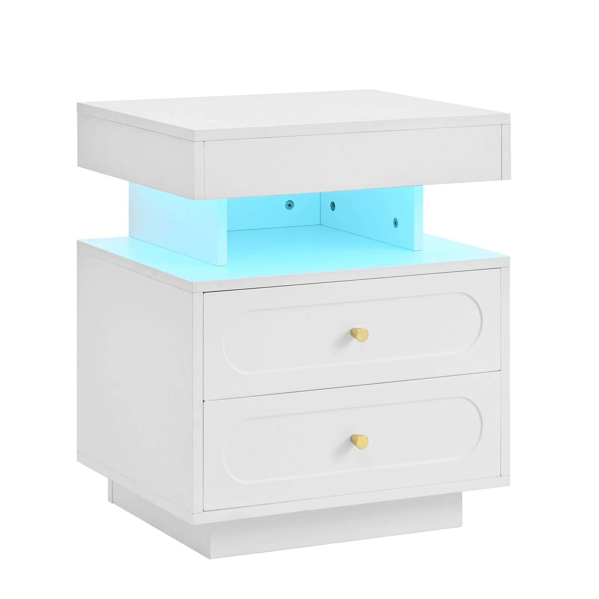 NACHTTISCH Weiß (50 cm) mit LED Beleuchtung, 2 Schubladen & offenem Fach - Weiß, Holzwerkstoff (50/60/40cm) - Urban Meuble