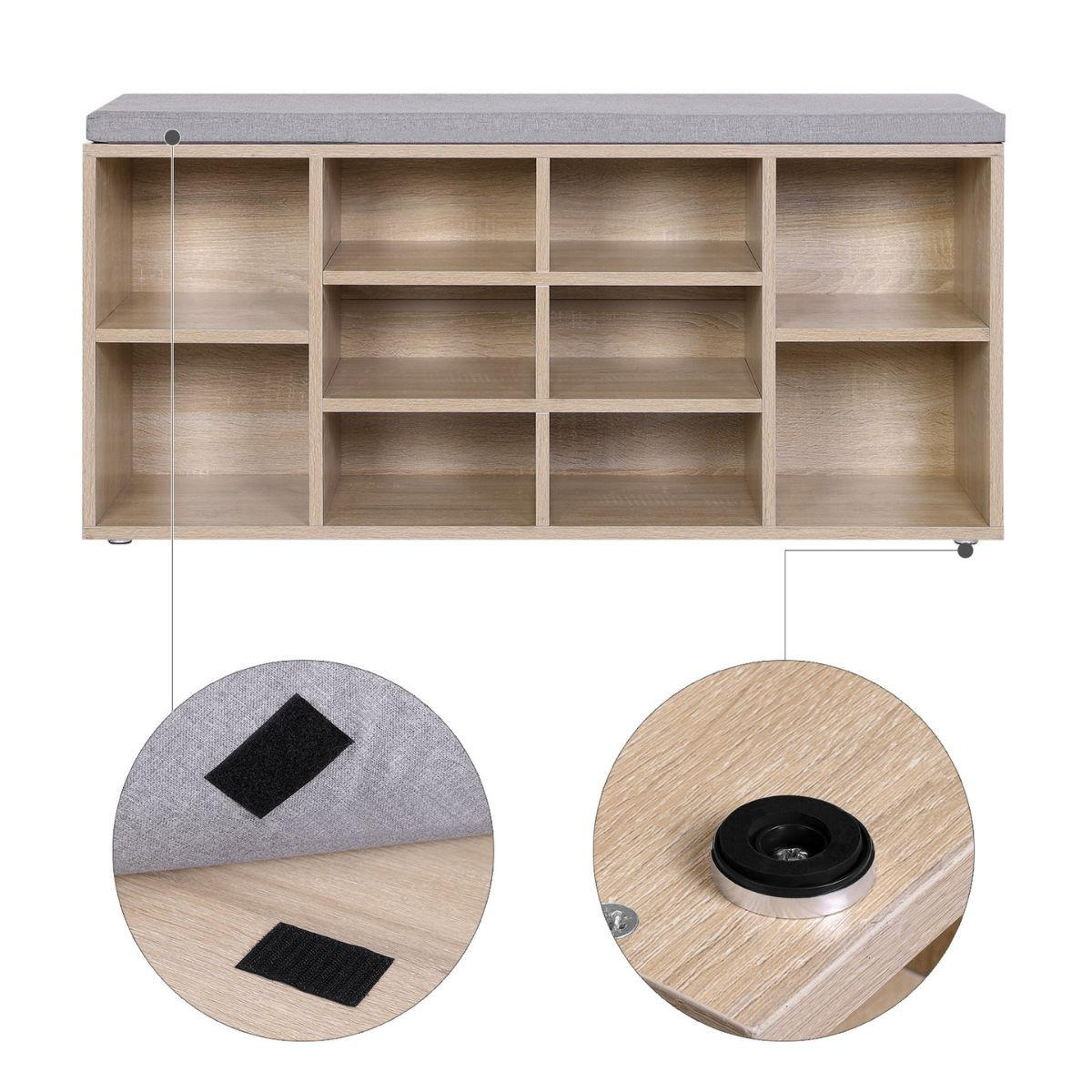 SCHUHBANK mit 10 Nischen Holzdekor - L104 cm - Grau, Holzwerkstoff (30/48/104cm) - Calicosy