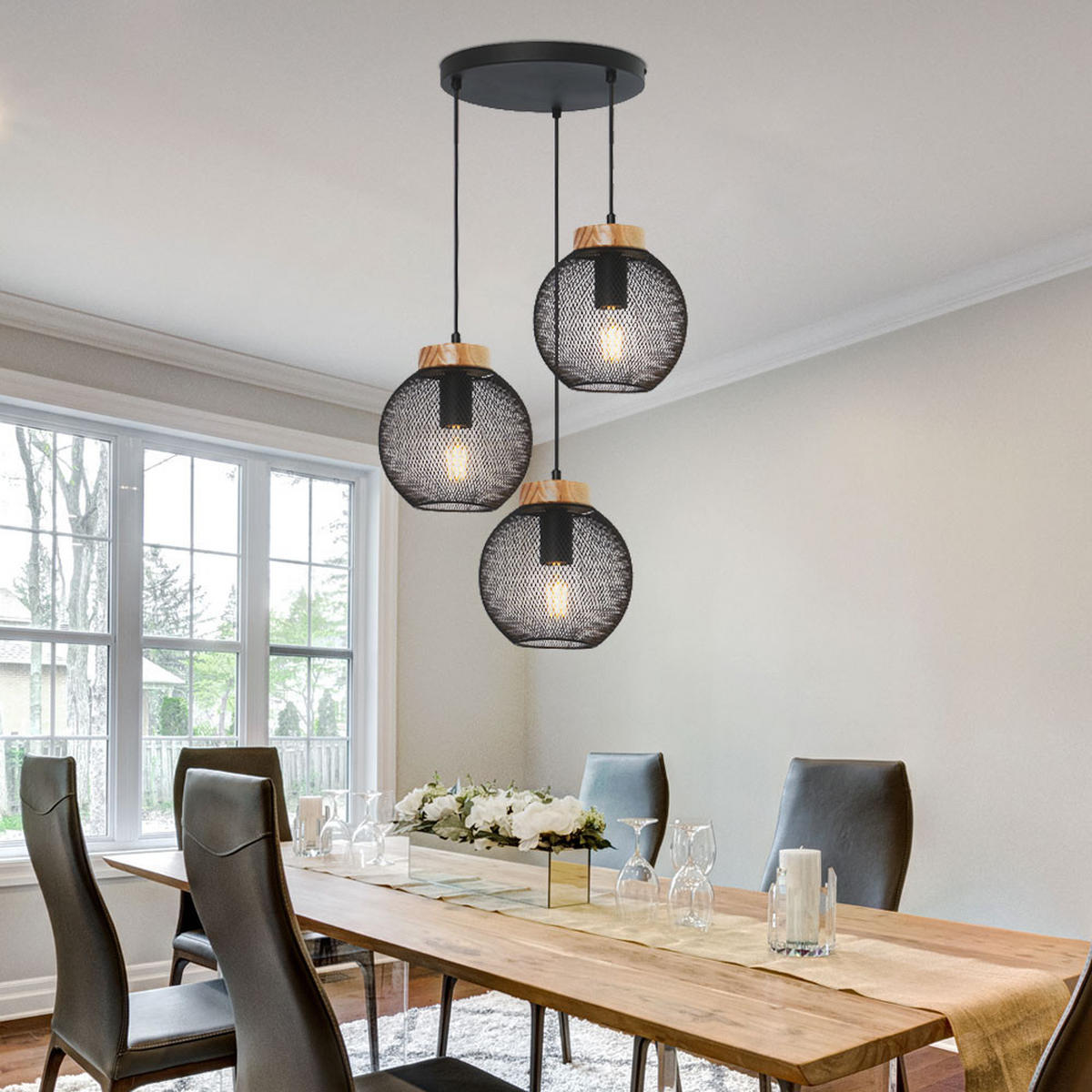 HÄNGELEUCHTE Metall Drahtgeflecht Schwarz - Schwarz, Holz (44/44/120cm) - Globo Lighting