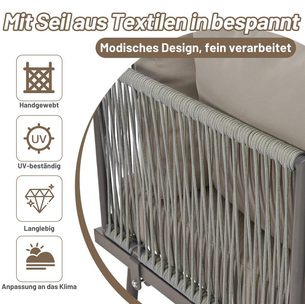GARTEN-LOUNGE-SET mit Eisenrahmen & Seil, 2 Sofas 120/60/72 cm + Tisch 53/53/36 cm, Grau - Grau, Metall - Redom