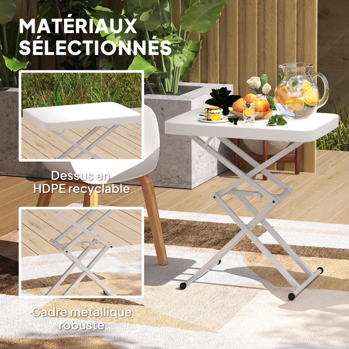 GARTENKLAPPTISCH DE-14174 höhenverstellbar 5-Stufen Weiß - Weiß, Metall (65/45/70cm) - ComfortXL