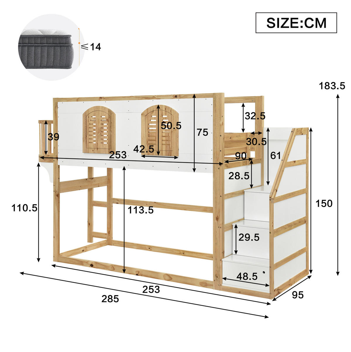 HOCHBETT 90/200 cm, Natur/Weiß mit Treppenschrank und Spielfläche - Weiß, Holz (90/200cm) - MIVRAY