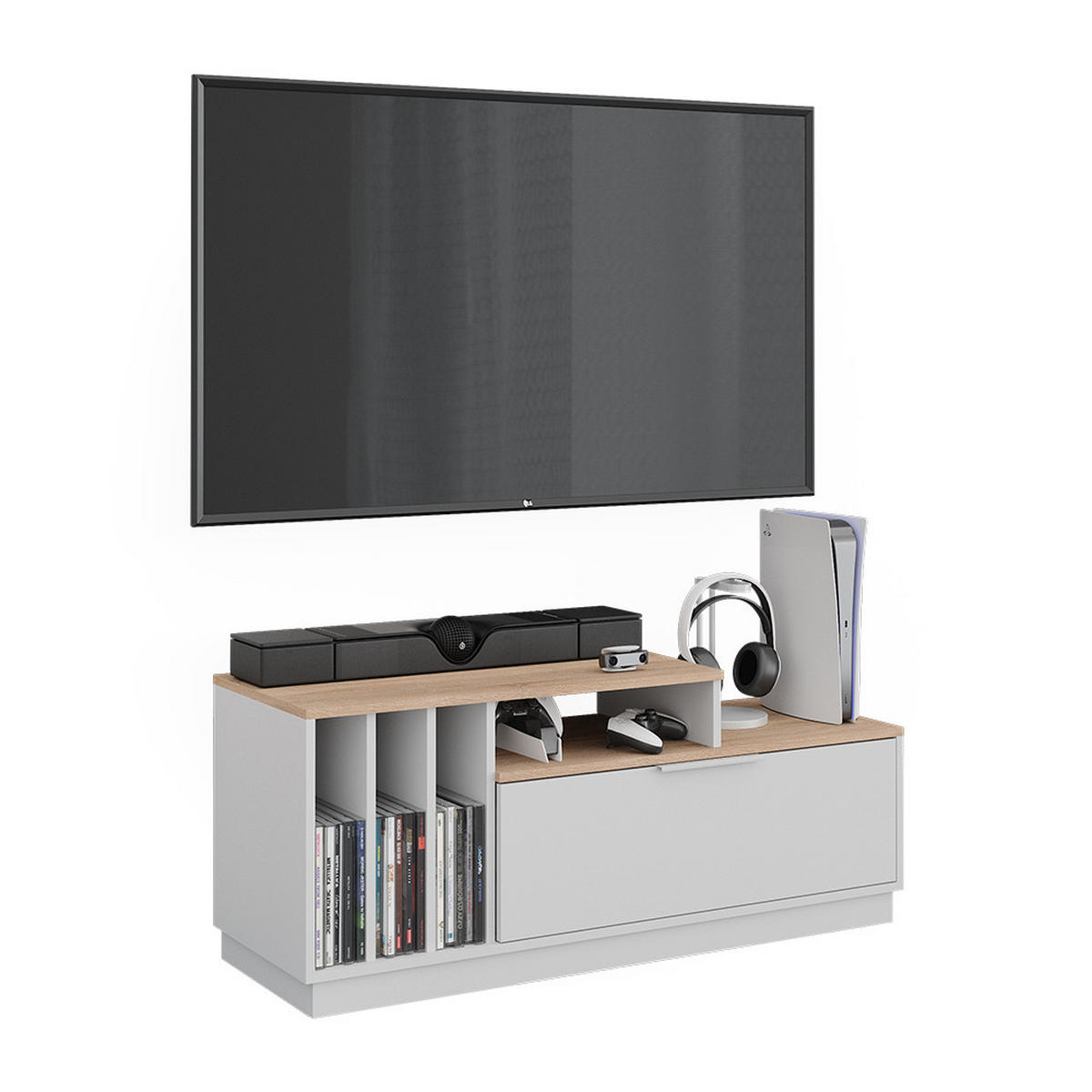 LOWBOARD Betti Weiß/Sonoma 120 x 49.9 cm mit 1 Tür - Weiß/Sonoma Eiche, Holzwerkstoff (120/49.9/40cm) - Vicco