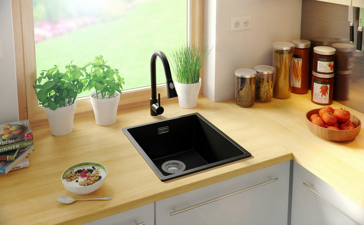 SPÜLBECKEN London Slim, 2-er set Schwarz 41/47 cm 1 Becken + Ablauf-Set ab 45er Unterschrank - Chromfarben/Schwarz, Kunststoff (41/20/47cm) - Primagran