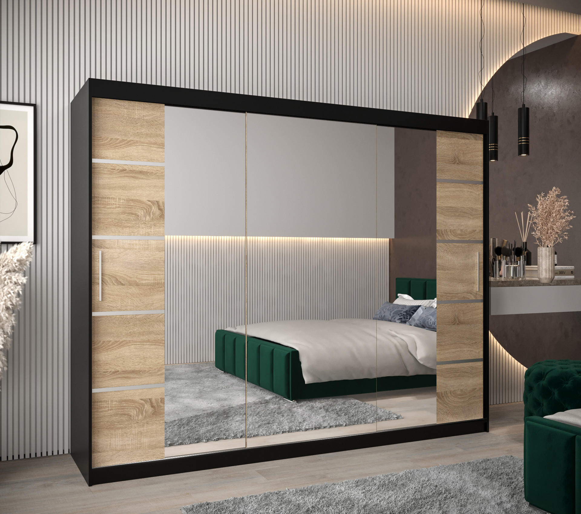 SCHWEBETÜRENSCHRANK 200/250/62 3-türig - Silberfarben/Schwarz, Holz/Kunststoff (250/200/62cm) - MÖBEL KRYSPOL