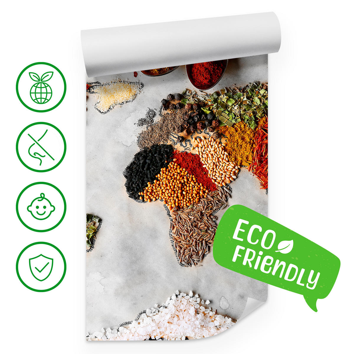 FOTOTAPETE für Küche Gewürz-Weltkarte Kulinarisch Kunst 350x256 - Beige/Gelb, Papier (350/256cm) - Muralo