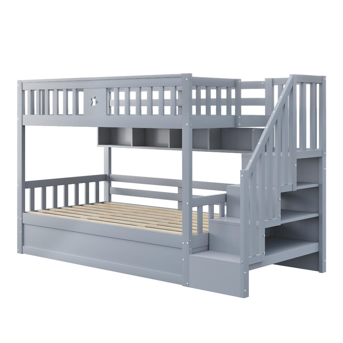 HOCHBETT 90/200 cm in Grau mit Stauraumtreppe, Regal und hydraulischem Stauraum mit Stern-Details - Grau, Holz (90/200cm) - STILVORA