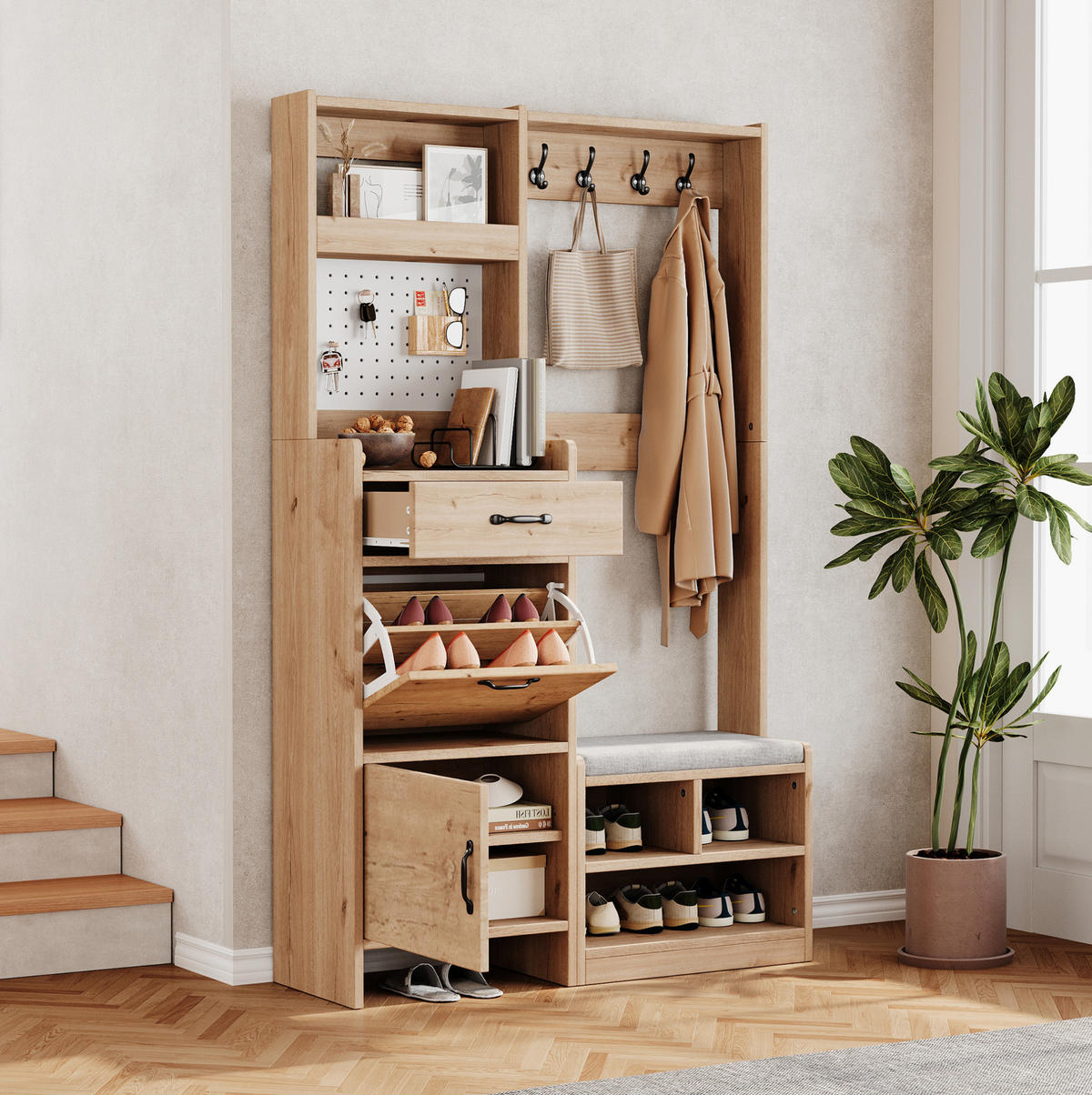 GARDEROBEN-SET mit Sitzbank 108,5 x 35 x 180 cm Natural+White 6-in-1 - Weiß, Holzwerkstoff (35/180/108.5cm) - Beauniv