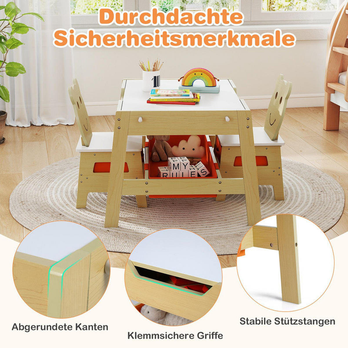 KINDERTISCH mit stuhl natur(3-tlg) - Naturfarben, Holzwerkstoff (70/45/60.5cm) - COSTWAY