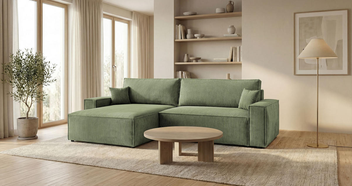 ECKSOFA VIENNA links hellgrün Cord Poso 47 - Schlaffunktion, Bettkasten - Hellgrün, Textil (285/185cm) - Cornero