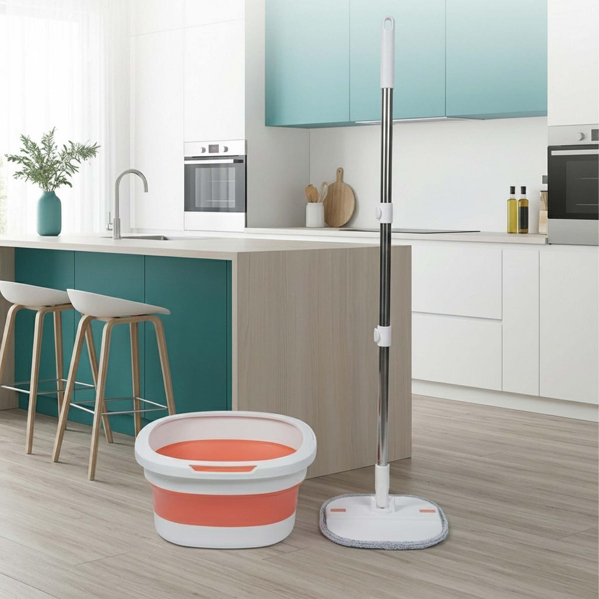 MOP Bílá Oranžová skládací kbelík ždímací systém 3,8 l 2ks-sada padů - různobarevná, kov/textil (34.5/18/34.5cm) - Relaxdays
