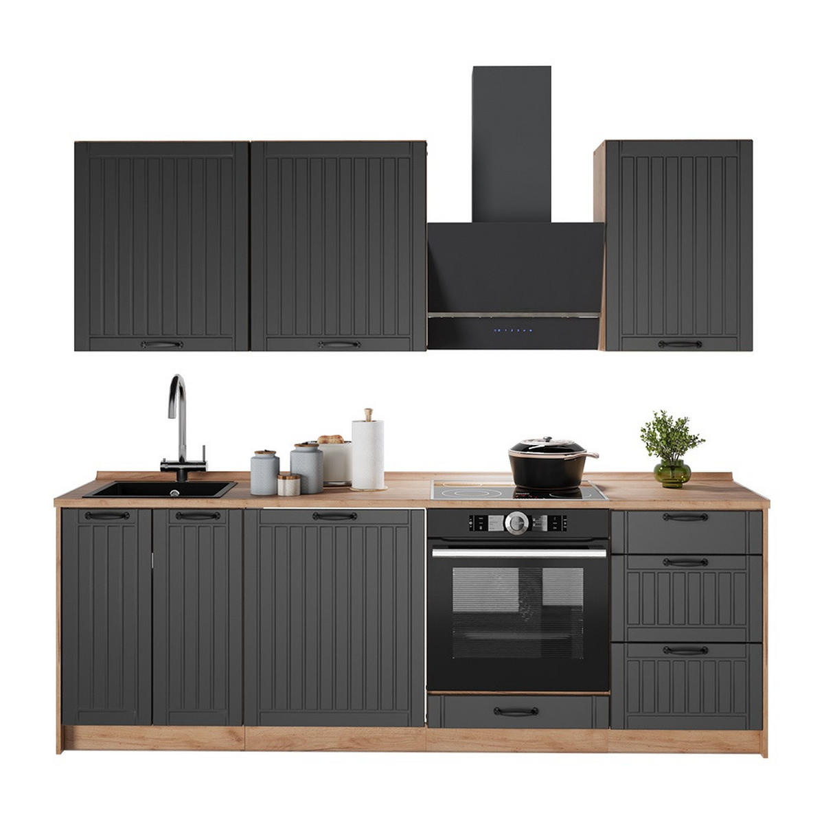 KÜCHENZEILE Fame-Line, Dunkelgrau/Goldkraft Eiche, 230 cm, AP Eiche - Honigeiche/Dunkelgrau, Holzwerkstoff (230/206.8/60cm) - Vicco