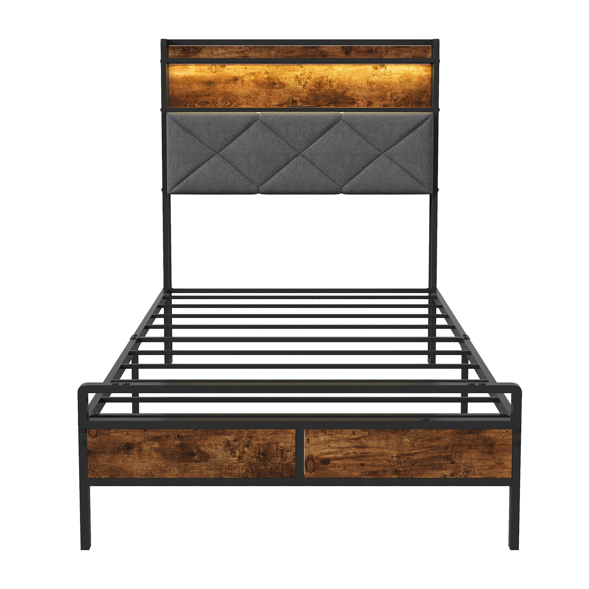 EINZELBETT 90x200 cm mit LED-Kopfteil und USB-Anschlüssen - Gestell aus Metall und Walnussholz, Lattenrost, Jugendbett - Naturfarben, Holzwerkstoff (90/200cm) - Brevoria