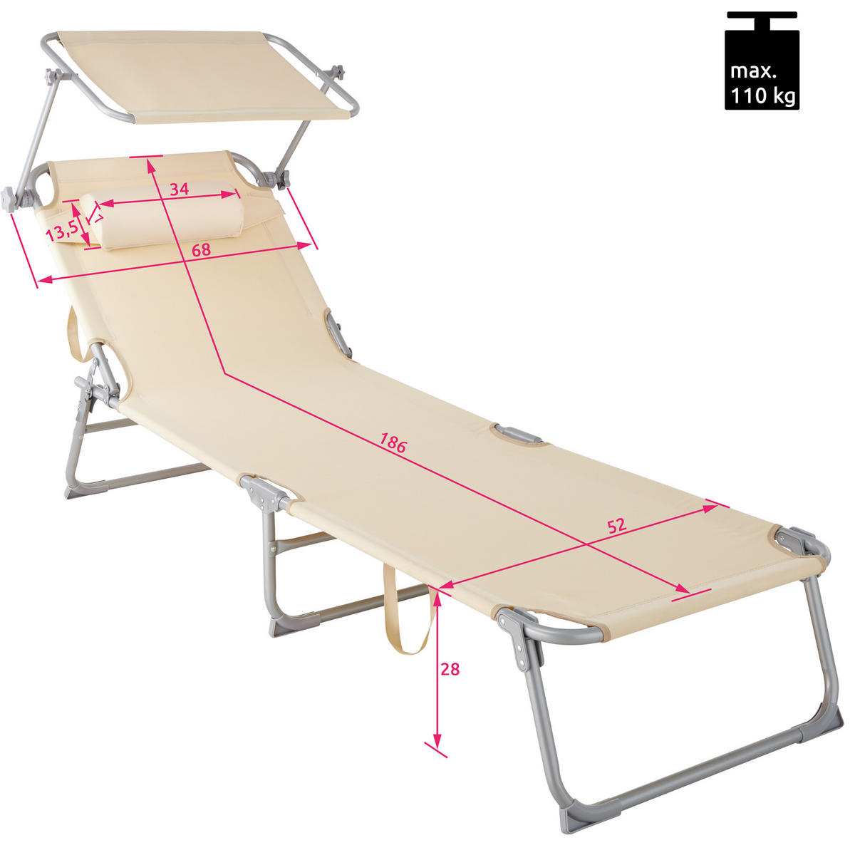GARTENLIEGE Chloé,190 x 68 x 65 cm,beige - Beige, Kunststoff (68/65/190cm) - tectake