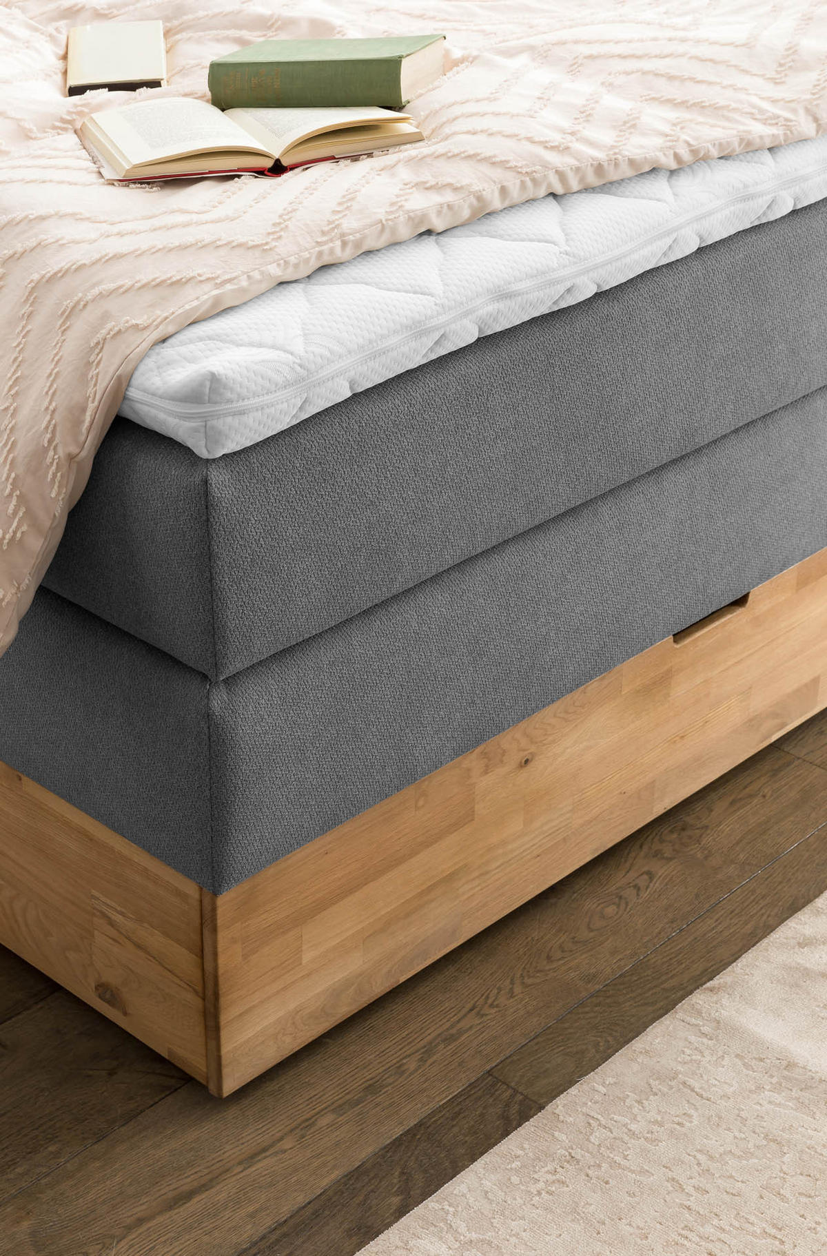 BOXSPRINGBETT MARBO 140x200 Anthrazit H2 und H3 mit Bettkasten 7-Zonen Taschenfederkern Matratze inkl. Visco Topper und Eiche - Anthrazit, Textil (140/200cm) - Belanoti