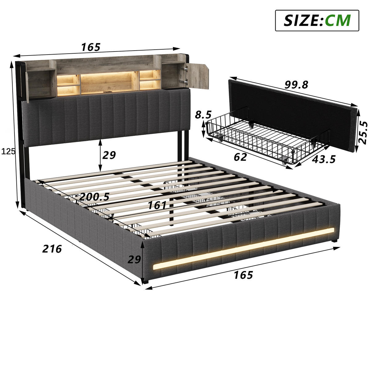 POLSTERBETT 160x200 cm mit LED und USB, Doppelbett mit Lattenrost und Kopfteil, 4 Schubladen, Bett 160x200, Leinenstoff, Grau - Grau, Holzwerkstoff/Textil (160/200cm) - GENKI LIVING