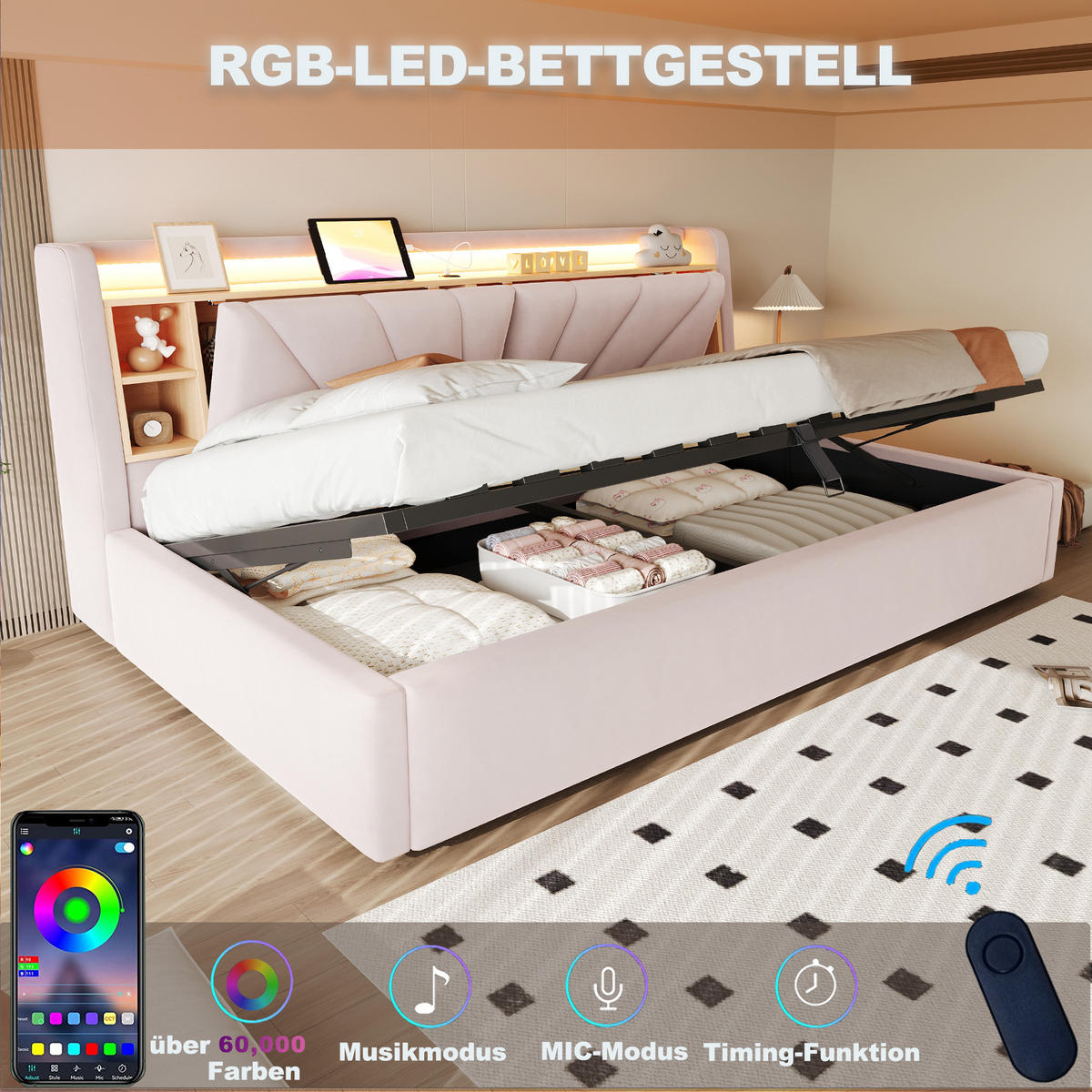 POLSTERBETT 90*200 cm mit LED, USB und Stauraum, Rosa - Pink, Textil (90/200cm) - FLIEKS