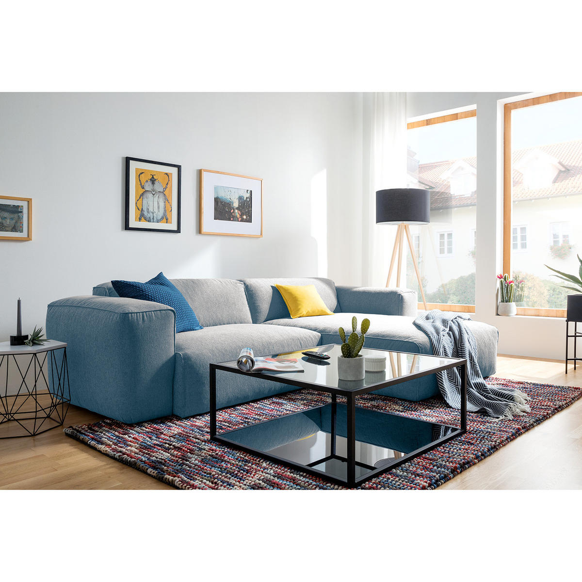 1,5-SITZER ECKSOFA mit Longchair - Blaugrau/Schwarz, Kunststoff/Textil (260/173cm) - home24