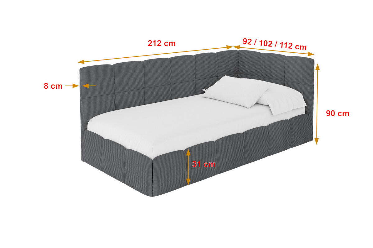 EINZELBETT Jugendbett mit Bettkasten Links, ohne Matratze - LIVY 90x200 Dunkelgrau - Graphitfarben, Holzwerkstoff/Textil (90/200cm) - ALTDECOR
