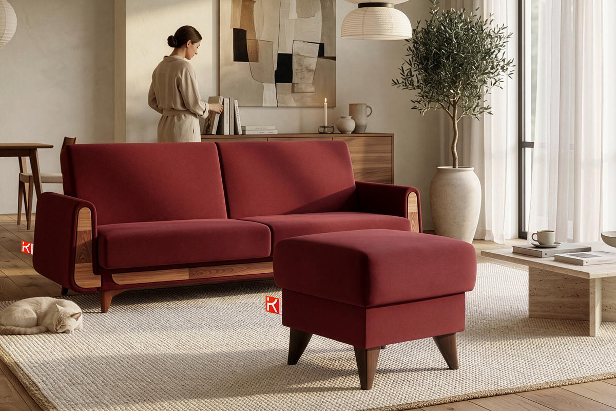 HOCKER GUSTAVO Fußstütze, Velours, Bordeaux - Bordeaux, Holz/Holzwerkstoff (53/49/53cm) - KONSIMO®