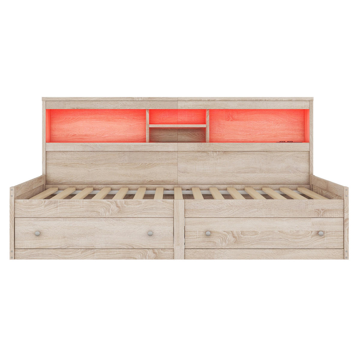 KREVET 90/200 cm od iverice i MDF-a s LED ambijentalnim osvjetljenjem, 2 USB priključka i ladicama, Natur - prirodne boje, drvni materijal (90/200cm) - Redom