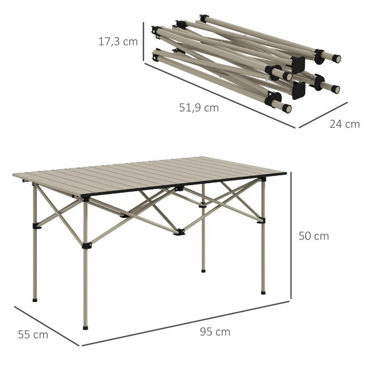 CAMPINGTISCH 95/55/50 cm klappbar mit rollbarer Tischplatte, X-Gestell aus Aluminium, Khaki - Beige, Metall (95/55/50cm) - Redom